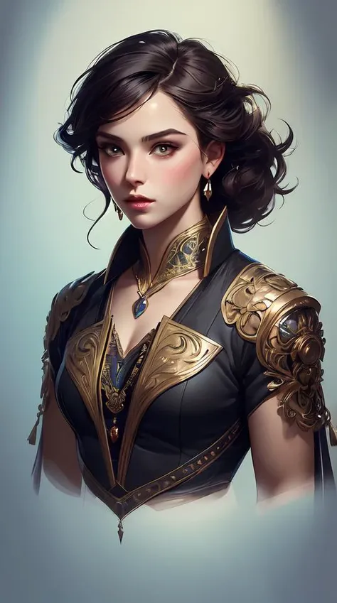photorealistic portrait of a young butch woman, handsome, female, masculine, upper body, fantasy, fierce, sharp features, intricate, elegant, highly detailed, digital painting, artstation, concept art, matte, sharp focus, illustration, art by artgerm and greg rutkowski and alphonse mucha