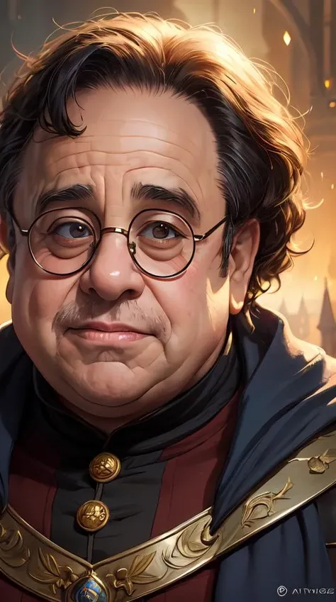 Portrait danny devito as as Harry Potter in potions class at hogwarts, fantasy, highly detailed, digital painting, artstation, concept art, sharp focus, illustration, art by Tony Sart and artgerm and randy vargas