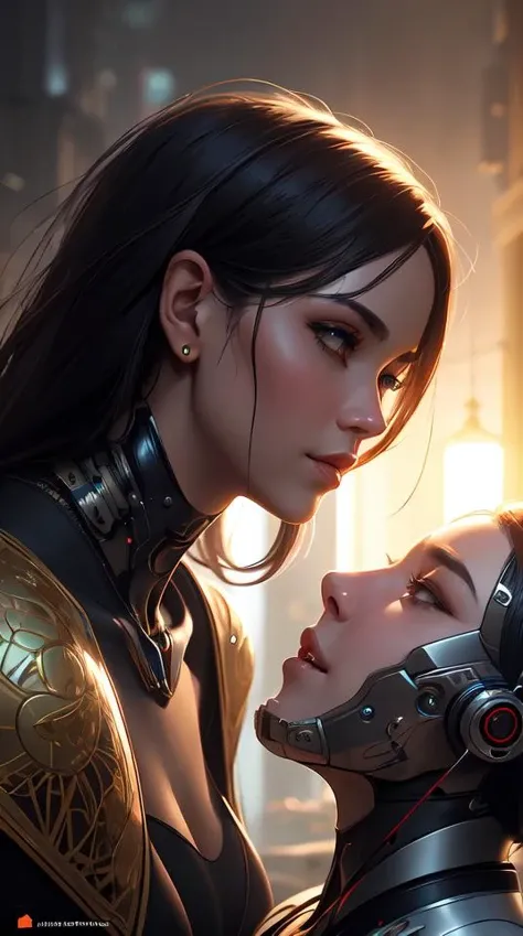 ultra realistic medium shot of a couple of cyborgs kissing, lovers, cyberpunk, sci - fi, kodak, faces, colour led, soft light, volumetric lighting, fog, rays, night, intricate detailed, digital painting, concept art, smooth, sharp focus, illustration, art by artgerm and greg rutkowski and alphonse mucha
