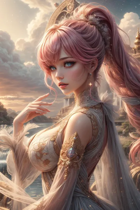 (ultra realistic,32k, masterpiece:1.2),(high detailed skin:1.1),( high quality:1.1),
1girl, pink hair, ponytail hair, bangs,(aqua eyes:0.75),(red lips:0.8), (mascara:0.5), [<lora:edgCloudDressv1:0.5>edgCloud,wearing a dress made of clouds,wearing edgCloud:<lora:ral-frctlgmtry:0.5>ral-frctlgmtry, fractal clothing,fractal background,fractals,:25],(looking at viewer, portrait:1.1),, (huge breast, large breast:0.9),<lora:add_detail:0.81>,
(iridescence:1.1),  starlight falls, cascading starlight, ethereal melodies, sacred waterfall, blurry background