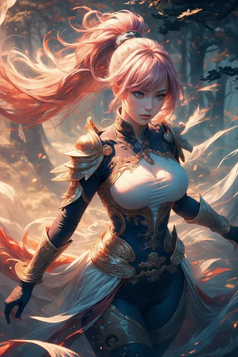 (ultra realistic,32k, masterpiece:1.2),(high detailed skin:1.1),( high quality:1.1),
1girl, pink hair, ponytail hair, bangs,(aqua eyes:0.5),[<lora:20240127-1706323464007:0.5>cosmos, cosmic, cosmos background,:<lora:tifa Chinese Mythology:0.5>Chinese, Mythology:25],fighting stance, (huge breast, large breast:0.9),<lora:add_detail:0.82>,
(beautifully lit:1.1),  shadowfen forest, towering trees, swirling mists, haunting tranquility,