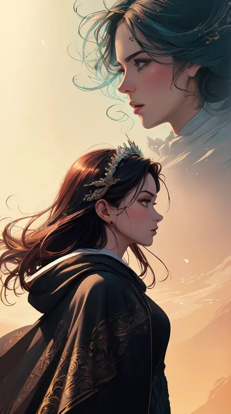a vibrant ultraclear waist up sideview portrait of greek goddess wearing black cape hoodie by laurie greasley and kilian eng and josan gonzalez and rene magritte, ( ( etching by gustave dore ) ), colorful flat surreal, ethereal, intricate, sharp focus, illustration, highly detailed, digital painting, concept art, masterpiece