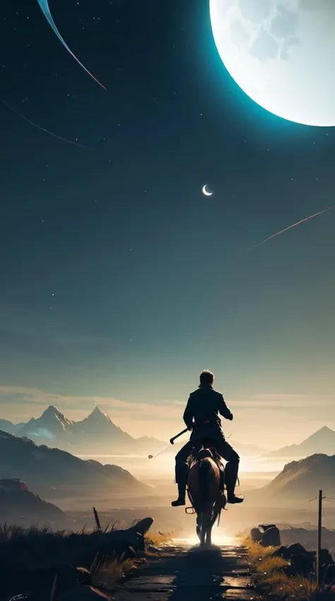 Harry potter riding a broomstick, back view, cinematic shot, movie still, nighttime, motion lines, intense scene, movement, vivid colors, crescent moon, Tooth Wu, Asher Duran, Greg Rutkowski, Minor Blur, 8k