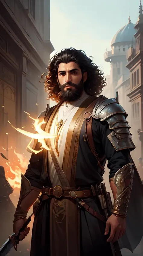 Arab man light beard, curly hair, swordsman, modern, hero, yellow and charcoal leather, highly detailed, digital painting, artstation, concept art, sharp focus, illustration, by greg rutkowski