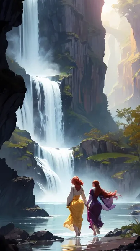 a highly detailed byzantine painting of scarlett johansson and emma watson as red haired queens walking through a waterfall in a gossamer purple dress, epic fantasy, stormy night, viewed in profile from far away, ultrawide lens, art by artgerm and greg rutkowski and alphonse mucha, volumetric lighting, 4 k resolution, trending on artstation, masterpiece