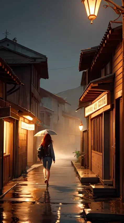 a beautiful girl, messy long red hair and wet grey tribal clothes, short torn up pants, she is walking on a mountain, a very poor old shanti town with wooden ruins, medieval time, heavy rain, late at night, mist, cinematic, highly detailed, powerful, cinematic, beautifully lit, by artgerm, by karol bak, 3 d, trending on artstation, octane render, 8 k