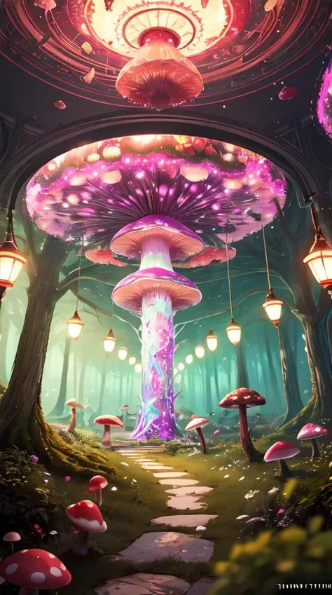 exploring a mushroom forest, acid trip, hall of mirrors, ultra-detailed, a hyperrealistic image of a mycelium forest with neon glowing mushrooms, with magical creatures, by tian gan, trending on patreon, artstation, deviantart. Unreal engine