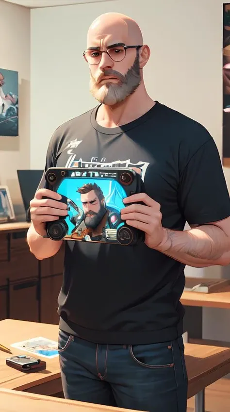 3D illustration depicting a scruffy bearded bald ginger boy, streaming videogames on twitch, complex artistic style, color ink pen illustration, subtle detailing, illustrated by Artgerm and Range Murata.