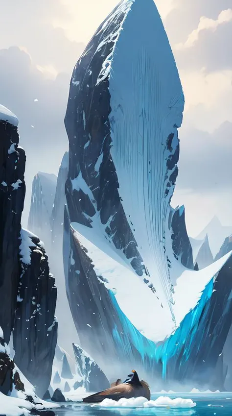 an fluffy penguin playing on an iceberg land, blizzardy weather, ocean, ice, digital painting, artstation, concept art, soft light, hdri, smooth, sharp focus, illustration, fantasy, intricate, elegant, highly detailed, D&D, matte painting, in the style of Greg Rutkowski and Alphonse Mucha and artemisia, 8k, highly detailed, jurgens, rutkowski, bouguereau, pastoral, rustic, georgic, detailed concept art, illustration, colorful pastel, painting, detail, ultra detailed, digital art, 4K,
