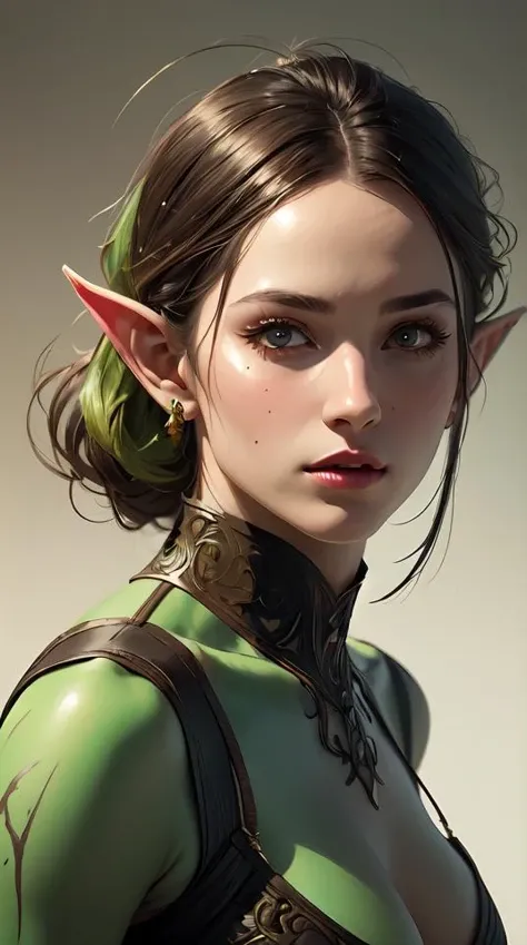 (masterpiece), (best quality),(portrait),(bust up),1girl,solo,(sharp focus),(look at viewer),goblin, (goblin girl),(childish) ,green skin,short hair, (ancient:1),ancient luxurious long clothes,old school fantasy art,((simple background)),super shiny face,Ultra Glossy Skin