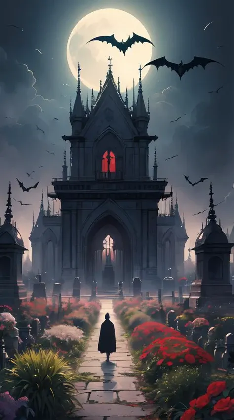 'Life from death' An aesthetic horror dark sci-fi landscape painting depicting 'A graveyard with plants and flowers growing, ghosts + bats and crows flying around' by Wayne Barlowe, Trending on cgsociety artstation, 8k, masterpiece, cinematic lighting, highly detailed, vibrant colors.