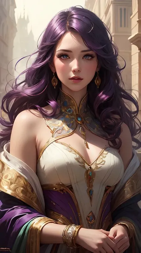 Portrait of a woman with bright colored flying hair, all shades of purple. Hair coloring, amber eyes, face, long hair, fantasy, intricate, elegant, highly detailed, digital painting, artstation, concept art, smooth, sharp focus, illustration, art by artgerm and greg rutkowski and alphonse mucha