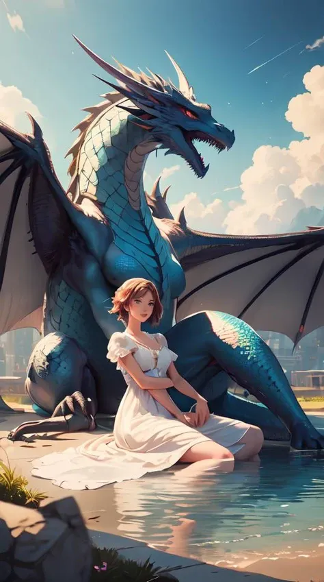 the beautiful hyper detailed scene render that a beautiful girl lies in the arms of a huge silver dragon alone in the fairyland surrounded by white clouds, in the style of makoto shinkai victo ngai and peter mohrbacher studio ghibli artgerm karol bak beeple, animation style, 8 k hd, dream, ultra wide angle, animation style, hyperrealism, 3 d render, hyper detailed