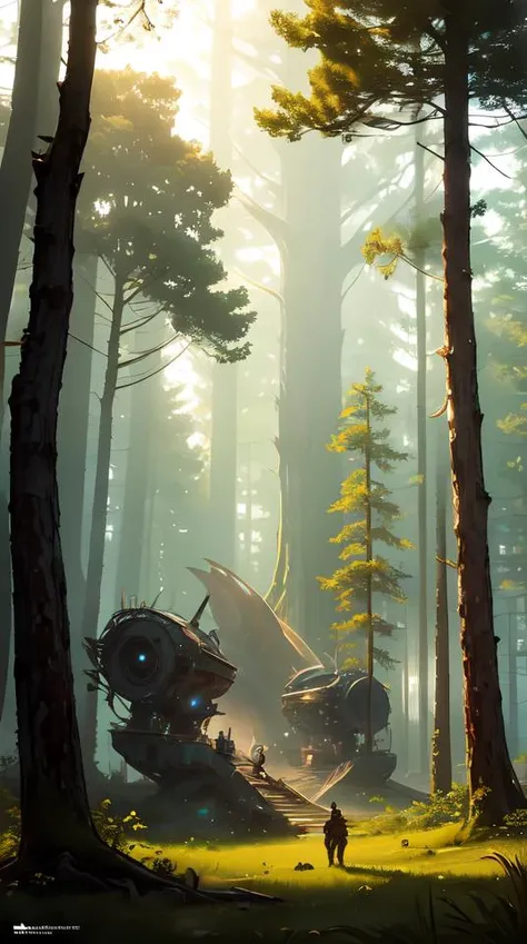 aliens discovering technological artifact in a forest., technological landscape, dramatic lighting, cinematic, establishing shot, extremly high detail, photorealistic, cinematic lighting, post processed, concept art, artstation, matte painting, style by greg rutkowsky