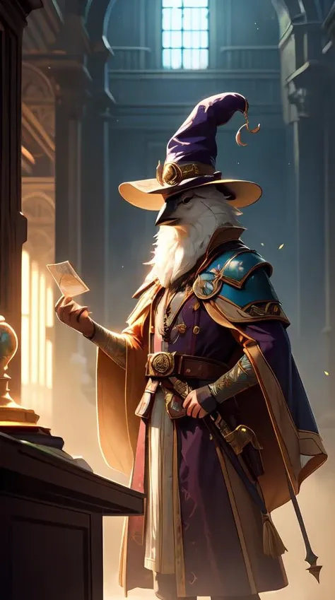 a bird wearing a wizard hat, D&D, fantasy, cinematic lighting, highly detailed, artstation, concept art, smooth, sharp focus, illustration, warm light, cozy warm tint, magic the gathering artwork, volumetric lighting, 8k, no gold, no gold colours, art by Akihiko Yoshida, Greg Rutkowski