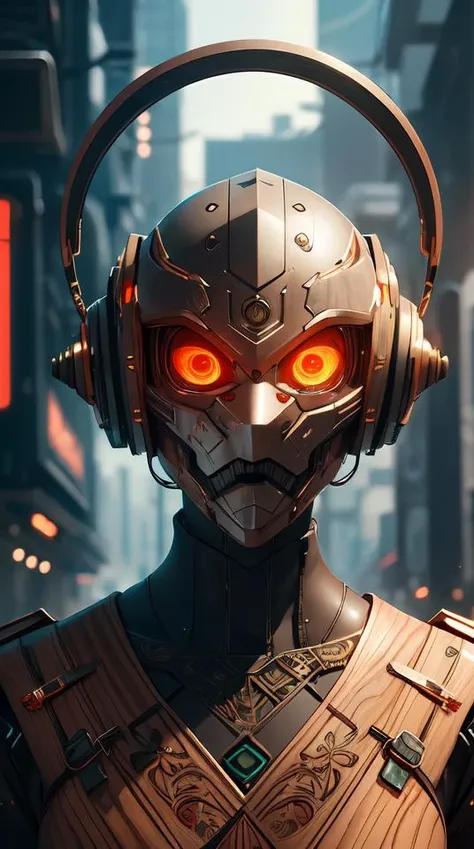 cyberpunk tribal mask, robot, japanese pottery, vivid colors, wood, metal, intricate details, trending on cgsociety, concept art, glowing eyes, sharp focus, ultra realistic details, cinematic atmosphere, global illumination, shadows, octane render, 8 k