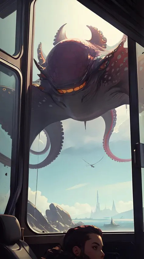 Looking outside the spaceship window, octopus moster, broad detail, brush strokes, by Greg Rutkowski