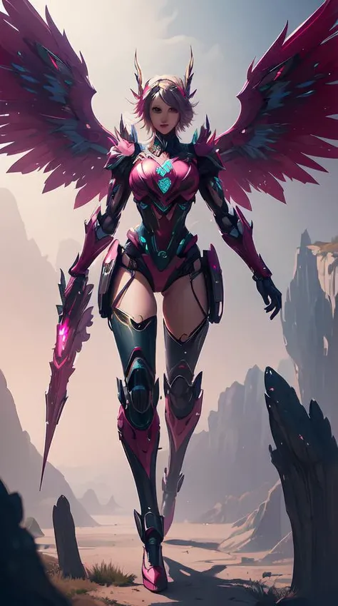 a female saints made of mecha with a huge wings is flying in the fantasy forest by merriam, daniel, intricate mechanical details, futuristic, 2 k aesthetic, dramatic lighting, concept art, 4 k, 3 d octane render, pink and red colors, provenance, detailed, trending on artstation