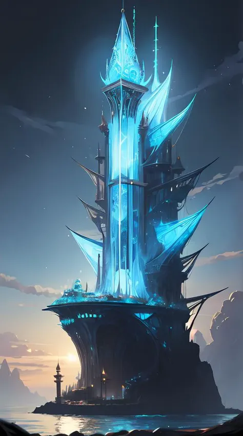 blue gem of the seashore, front view, concept art, black background, dark fantasy