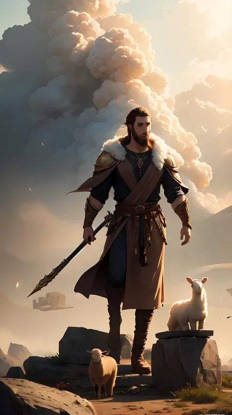 realistic scene of biblical Cain and Abel before a stone altar with white smoke ascending in the background, a lamb in the foreground, inspired art by Frazetta + facial symmetry + bright dramatic volumetric lighting, well lit, 8k octane render, intricate, epic composition, golden hour, cinematic studio lighting + masterpiece, trending on artstation, very detailed, masterpiece, stunning