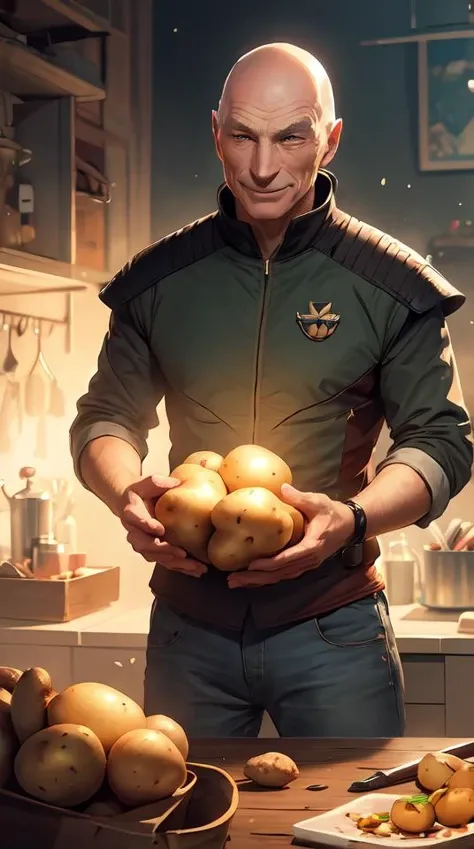 captain picard smiling holding holding a potato, wadim kashin, illustration by wadim kashin, 4 k, artstation, concept art