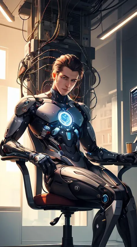 a hyperrealistic painting of a human cyborg sitting in a chair with limbs stretched out, tied with electrical cables connected to supercomputers, flood of images flowing from his head, tesseract, vitruvian man, trending on artstation, concept art, insane details, zoomed out