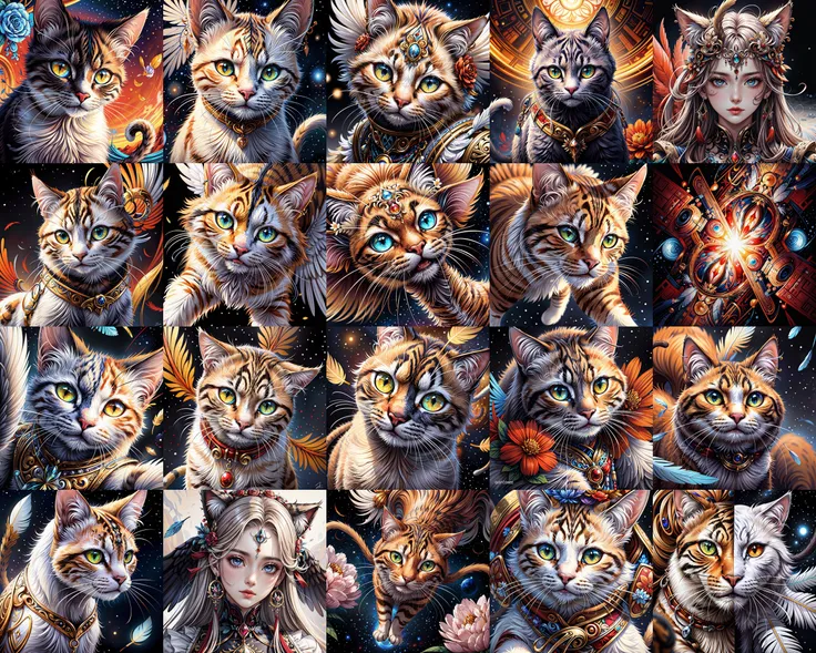 masterpiece, top quality, best quality, official art, beautiful and aesthetic, (cat catcore:1.3), extremely detailed, fractal art, colorful flowers, highest detailed, zentangle, dynamic pose, abstract background, many colors, earrings, feathers
abstract dream, space, intricate, grand scale, alone, cinematic film still, insane detail, sharp focus, depth of field, realistic lighting, (realistic perspective), complex, (multiple subjects), 4k HDR,<lora:add_detail:0.5>,<lora:more_details:0.25>,<lora:20230530123038:0.25>,