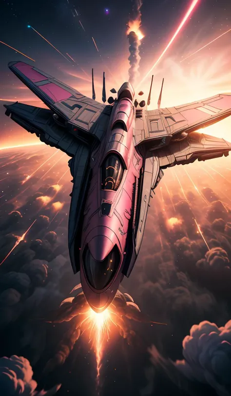 a matte pink fighter starship, (flying away from an explosion:1.4), cinematic lens flare, bloom, dynamic lighting, massive fireball, 4k vfx,abstract dream, space, intricate, grand scale, alone, cinematic film still, insane detail, sharp focus, depth of field, realistic lighting, (realistic perspective), complex, (multiple subjects), 4k HDR,<lora:add_detail:0.5> <lora:more_details:0.25> <lora:20230530123038:0.25>