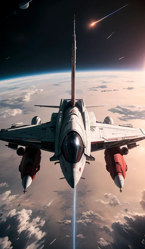 a (red and white:1.2) fighter starship flying in space,abstract dream, space, intricate, grand scale, alone, cinematic film still, insane detail, sharp focus, depth of field, realistic lighting, (realistic perspective), complex, (multiple subjects), 4k HDR,<lora:add_detail:0.5> <lora:more_details:0.25> <lora:20230530123038:0.25>