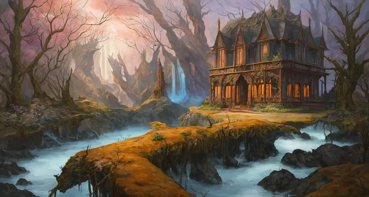 old painting style, colorful, highly detailed, high resolution, ray tracing reflections, dramatic lighting, 8k vibrant colors, detailed acrylic, intricate complexity, soft natural volumetric cinematic perfect light, oil painting,
star \(sky\), landscape, empty, a larger plants, waterfall, claping,small fire, ruin, smoking,warship,a large gunfire,bodies and skull, a lot of widelife,abandoned overgrown castle mansion in a forest, oversaturated, princess tower, gazebo, balcony,