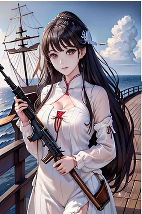 [((on ship deck,erjie,1girl,hanfu, <lora:Threesister-erjiev2:0.7>,alert,holding rifle,Aiming and shooting,from everywhere))],
masterpiece,highres, highest quality,intricate detail,best texture,realistic,8k,soft light,perfect shadow,
sea,sunny,cloudy,wind,wet, 
Age Of Wind,naval battle,conflict,bombard.firing,smoking,