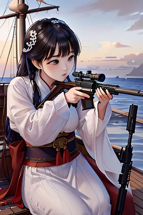[((on ship deck,erjie,1girl,hanfu, <lora:Threesister-erjiev2:0.7>,alert,holding rifle,Aiming and shooting,from everywhere))],
masterpiece,highres, highest quality,intricate detail,best texture,realistic,8k,soft light,perfect shadow,
sea,sunny,cloudy,wind,wet, 
Age Of Wind,naval battle,conflict,bombard.firing,smoking,