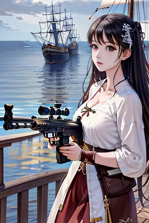 [((on ship deck,erjie,1girl,hanfu, <lora:Threesister-erjiev2:0.7>,alert,holding rifle,Aiming and shooting,from everywhere))],
masterpiece,highres, highest quality,intricate detail,best texture,realistic,8k,soft light,perfect shadow,
sea,sunny,cloudy,wind,wet, 
Age Of Wind,naval battle,conflict,bombard.firing,smoking,