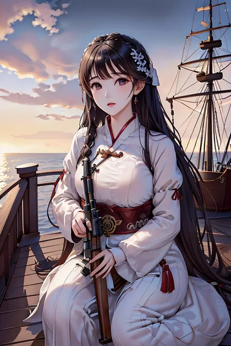 [((on ship deck,erjie,1girl,hanfu, <lora:Threesister-erjiev2:0.7>,alert,holding rifle,Aiming and shooting,from everywhere))],
masterpiece,highres, highest quality,intricate detail,best texture,realistic,8k,soft light,perfect shadow,
sea,sunny,cloudy,wind,wet, 
Age Of Wind,naval battle,conflict,bombard.firing,smoking,