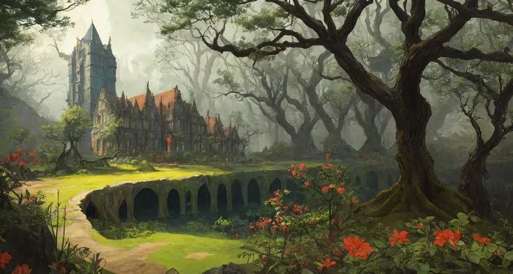 old painting style, colorful, highly detailed, high resolution, ray tracing reflections, dramatic lighting, 8k vibrant colors, detailed acrylic, intricate complexity, soft natural volumetric cinematic perfect light, oil painting,
star \(sky\), landscape, empty, a larger plants, waterfall, claping,small fire, ruin, smoking,warship,a large gunfire,bodies and skull, a lot of widelife,abandoned overgrown castle mansion in a forest, oversaturated, princess tower, gazebo, balcony,