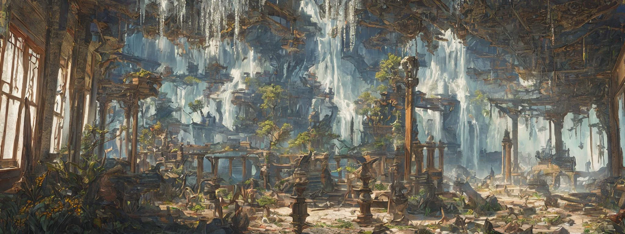 old painting style, abandoned overgrown castle mansion in a forest, oversaturated, princess tower, gazebo, balcony, colorful, highly detailed, high resolution, ray tracing reflections, dramatic lighting, 8k vibrant colors, detailed acrylic, intricate complexity, soft natural volumetric cinematic perfect light, oil painting,star \(sky\), a larger plants, landscape, empty, waterfall, claping,fire, ruin, smoking,warship,a large gunfire,bodies and skull, a lot of widelife,
