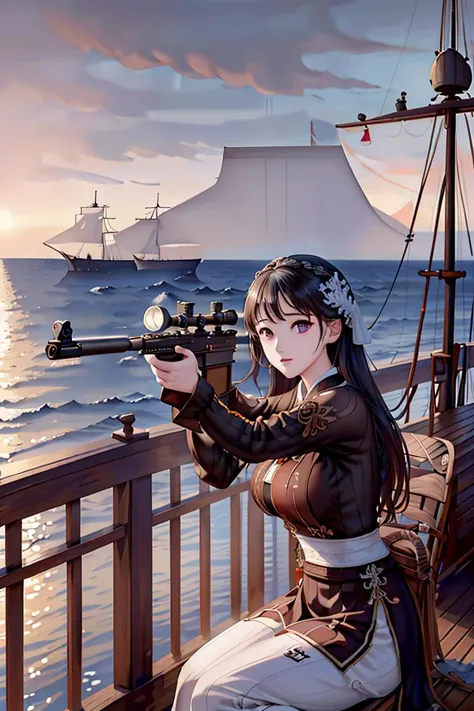 [((on ship deck,erjie,1girl,hanfu, <lora:Threesister-erjiev2:0.7>,alert,holding rifle,Aiming and shooting,from everywhere))],
masterpiece,highres, highest quality,intricate detail,best texture,realistic,8k,soft light,perfect shadow,
sea,sunny,cloudy,wind,wet, 
Age Of Wind,naval battle,conflict,bombard.firing,smoking,
