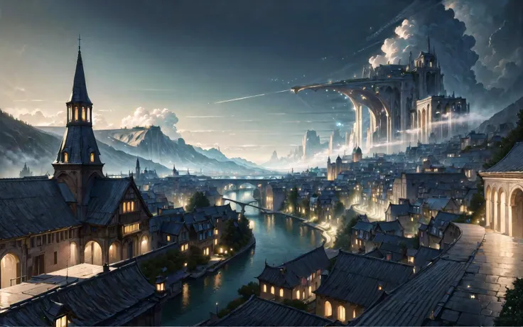 (masterpiece:1.3), (best quality:1.3), Ultra high Res, absurd quality, photography, atmospheric perspective, canvas painting, cinematic, very detailed illustration, dark theme, wide range shot, detailed background, depth of field, Illustrate the Doughty ancient city, mountains and rivers, night, firefly lights, rich in detail, city view, a sense of history and intrigue, <lora:add_detail:0.9>, <lora:AngelicAI:0.7>