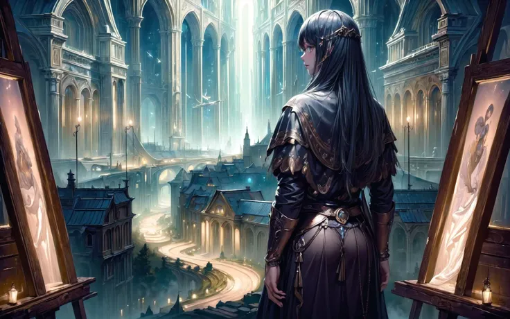(masterpiece:1.3), (best quality:1.3), Ultra high Res, absurd quality, photography, atmospheric perspective, canvas painting, cinematic, very detailed illustration, dark theme, wide range shot, detailed background, depth of field, Illustrate the Doughty ancient city, mountains and rivers, night, firefly lights, rich in detail, city view, a sense of history and intrigue, <lora:add_detail:0.9>, <lora:AngelicAI:0.7>