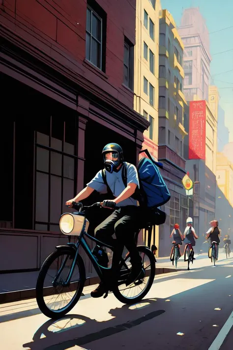 realistic detailed image of an skinny dead people with gas masks and oxygen tanks crossing a busy street, people on bikes in the style of Francis Bacon, Surreal, Norman Rockwell and James Jean, Greg Hildebrandt, and Mark Brooks, triadic color scheme, By Greg Rutkowski, in the style of Francis Bacon and Syd Mead and Edward Hopper and Norman Rockwell and Beksinski, open ceiling, highly detailed, painted by Francis Bacon, painted by James Gilleard, surrealism, airbrush, Ilya Kuvshinov, WLOP, Stanley Artgerm, very coherent, art by Takato Yamamoto and James Jean