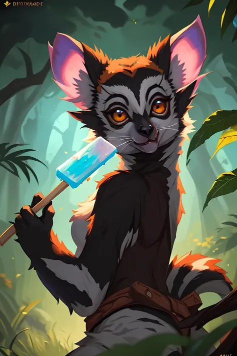 a lemur eating a popsicle, cute, intricate, highly detailed, digital painting, trending on artstation, smooth, sharp focus, backlit, rim light, vivid colors, illustration, unreal engine 5, 8 k, art by blizzard, league of legends, world of warcraft