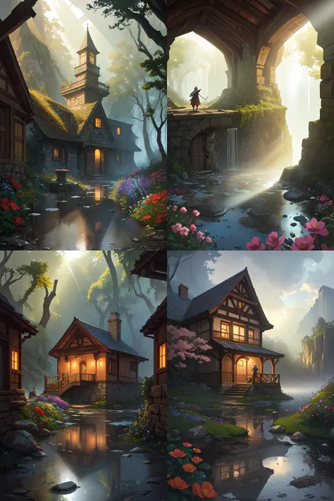 wizard inside a medieval hobbit home, ornate, beautiful, atmosphere, vibe, mist, smoke, chimney, rain, spell - book, wet, pristine, puddles, dripping, drops, waterfall, clear stream, bridge, forest, flowers, concept art illustration, color page, 4 k, tone mapping, doll, akihiko yoshida, james jean, andrei riabovitchev, marc simonetti, yoshitaka amano, digital illustration, greg rutowski, volumetric lighting, sunbeams, particles, artgerm