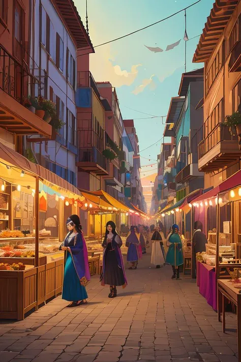 Da de los Muertos, mexican street,peoples makeup, festival background, cleavage, (art by Ferdinand Knab and Claude Bonin-Passarro:1.2),Highly saturated colors, digital art