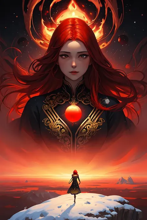 surreal snow landscape, woman in gold dress with red hair crawling in red liquid, black antimatter blobs, floating golden orbs, red sky, concept art, artstation, painting by anato finnstark,