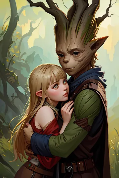 Groot hugging Yoda, highly detailed, digital painting, artstation, concept art, smooth, sharp focus, illustration, art by Krenz Cushart and Artem Demura and alphonse mucha