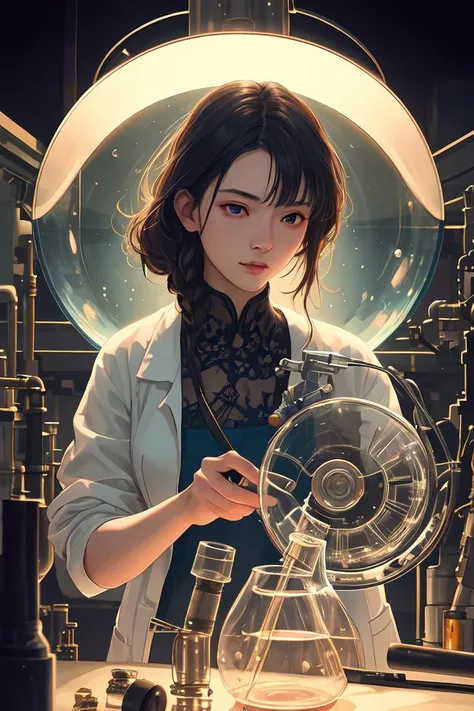 hyperrealistic photography of a gorgeous female scientist constructing a glass - making machine in the style of jin kagetsu, james jean, chris cunningham, hans bellmer and wlop, highly detailed, face symmetry, masterpiece, award - winning, sharp focus, intricate concept art, ambient lighting, 8 k, artstation