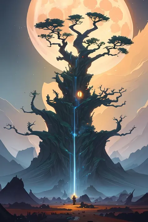 a tree that reaches the moon and the starts with its roots destroying the surface of the earth, mesmerizing, fantastical, concept art, highly detailed, artstation, trending, feng zhu, shaddy safadi, noah bradley, tyler edlin, jordan grimmer, darek zabrocki, neil blevins, tuomas korpi