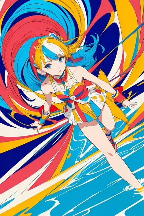 (masterpiece, best quality:1.3), (flat color:1.3),(colorful:1.3),looking at viewer,1girl,solo,floating colorful water,(2D:1.3)