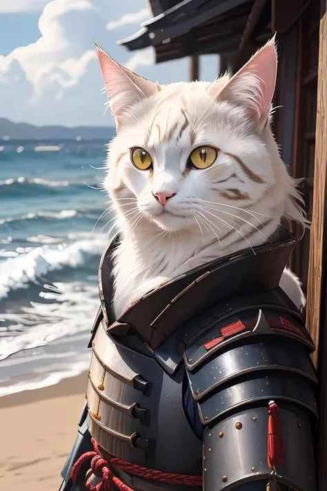 An ancient cat wearing an ancient samurai armor, photography, beautiful, bokeh temple background, high detailed skin, skin pores, coastline, overcast weather, wind, waves, 8k uhd, dslr, soft lighting, high quality, film grain, Fujifilm XT3