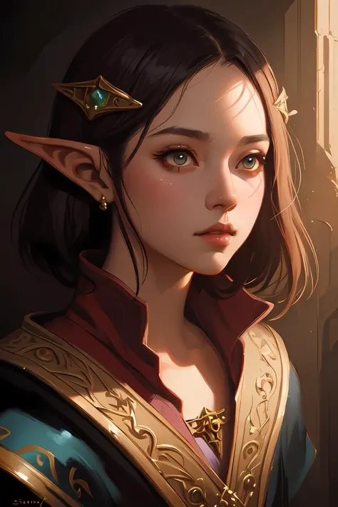dungeons and dragons elf wizard character closeup portrait, dramatic light, dungeon background, 2 0 0 mm focal length, painted by stanley lau, painted by greg rutkowski, painted by stanley artgerm, brom, digital art, trending on artstation